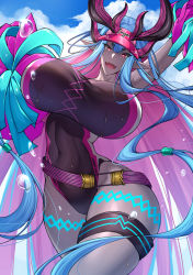 Rule 34 | 1girl, absurdres, ass, bare shoulders, belt, black one-piece swimsuit, blue hair, blue sky, blush, body markings, breasts, cleavage, colored skin, competition swimsuit, covered navel, curvy, dark-skinned female, dark skin, earrings, fate/grand order, fate (series), grey skin, hair between eyes, hand in own hair, hat, highleg, highleg swimsuit, highres, holding, holding pom poms, horns, huge ass, huge breasts, ibuki douji (fate), ibuki douji (swimsuit berserker) (fate), ibuki douji (swimsuit berserker) (first ascension) (fate), jewelry, large breasts, lips, long hair, looking at viewer, monster girl, multicolored hair, nekosama shugyouchuu, one-piece swimsuit, oni, oni horns, open mouth, pink hair, pink hat, pink one-piece swimsuit, pointy ears, pom pom (cheerleading), pom poms, ponytail, red eyes, shiny clothes, shiny skin, sidelocks, sky, smile, solo, sweat, swimsuit, thick thighs, thigh strap, thighs, two-tone swimsuit, very long hair, visor cap, wet, wide hips