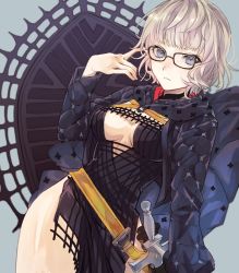 Rule 34 | 1girl, black dress, blue eyes, breasts, coat, dress, fate/grand order, fate (series), glasses, grey hair, hood, jacques de molay (foreigner) (fate), keiasik, medium breasts, padded coat, shield, sword, weapon