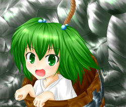 Rule 34 | 1girl, absurdres, bucket, green eyes, green hair, hair bobbles, hair ornament, highres, in bucket, in container, kanatarai, kisume, looking at viewer, matching hair/eyes, open mouth, rope, short hair, solo, stone wall, touhou, twintails, wall