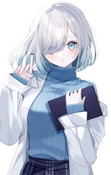 Rule 34 | 1girl, absurdres, black skirt, blue eyes, blue hair, blue sweater, blush, clipboard, gradient hair, grey hair, hair over one eye, hand up, highres, holding, holding syringe, kaga sumire, lab coat, long sleeves, looking at viewer, misumi (macaroni), mole, mole under eye, multicolored hair, off shoulder, open clothes, parted lips, plaid, plaid skirt, pleated skirt, puffy long sleeves, puffy sleeves, ribbed sweater, simple background, skirt, sleeves past wrists, solo, sweater, syringe, turtleneck, turtleneck sweater, virtual youtuber, vspo!, white background