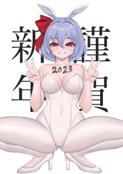 Rule 34 | 1girl, 2023, alternate breast size, bare shoulders, blue hair, blush, body writing, bow, breasts, cleavage, double v, hair bow, high heels, highres, leotard, light blue hair, looking at viewer, navel, new year, pantyhose, playboy bunny, red eyes, remilia scarlet, short hair, small breasts, smile, solo, spread legs, squatting, sudako (dai011305), thighs, touhou, v, white background, white pantyhose
