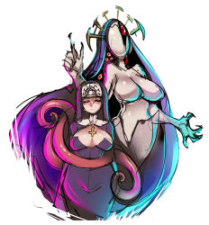 Rule 34 | 1girl, breasts, cross, cross necklace, double (skullgirls), dual persona, extra eyes, closed eyes, habit, highres, inverted cross, jewelry, large breasts, maniacpaint, monster, necklace, nun, red eyes, skullgirls, tentacles, wide hips