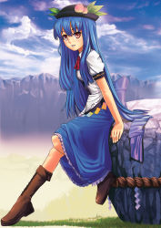 Rule 34 | 1girl, blue hair, boots, cross-laced footwear, face, female focus, food, fruit, full body, hat, hinanawi tenshi, keystone, lace-up boots, lasterk, long hair, peach, plantar flexion, red eyes, ribbon, rope, shimenawa, sitting, smile, solo, touhou