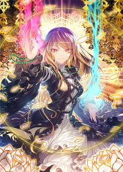 Rule 34 | 1girl, beads, blonde hair, brown hair, closed mouth, cross-laced clothes, dress, flower, frills, gradient hair, hijiri byakuren, jewelry, lace-trimmed collar, lace trim, long hair, long sleeves, lotus, magic, multicolored hair, necklace, outstretched arm, petals, prayer beads, purple hair, slit pupils, smile, solo, swept bangs, touhou, wide sleeves, yellow eyes, zounose