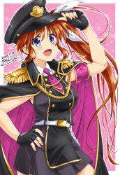 Rule 34 | 1girl, armpit peek, black gloves, blue eyes, blush, breasts, brown hair, dated, fingerless gloves, gloves, hand on own hip, hat, highres, large breasts, long hair, looking at viewer, lyrical nanoha, mahou shoujo lyrical nanoha strikers, military hat, necktie, open mouth, pink background, pink necktie, ponytail, san-pon, signature, simple background, sleeveless, smile, solo, takamachi nanoha