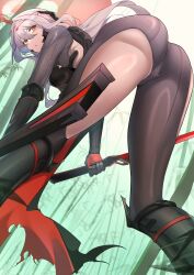 Rule 34 | 1girl, absurdres, armored bodysuit, ass, bamboo, bamboo forest, bent over, black bodysuit, bodysuit, forest, from behind, from below, goddess of victory: nikke, grey bodysuit, grey hair, halo, headgear, highres, holding, holding weapon, long hair, looking at viewer, looking back, nature, official alternate costume, orange eyes, scarlet (black shadow) (nikke), scarlet (nikke), solo, usagits 00, weapon