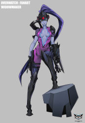 Rule 34 | 1girl, absurdres, bodysuit, boots, breasts, center opening, character name, cleavage, colored skin, copyright name, full body, garayann, gloves, grey skin, gun, head-mounted display, headgear, highres, knee boots, leg up, long hair, looking at viewer, overwatch, overwatch 1, ponytail, purple hair, simple background, solo, very long hair, weapon, wide hips, widowmaker (overwatch), yellow eyes