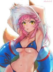 Rule 34 | 1girl, :3, :p, absurdres, animal ears, armpits, arms up, bikini, blue bikini, breasts, closed mouth, clothes lift, fate/grand order, fate (series), fox ears, fox girl, fox tail, halterneck, highres, innertube, kachin, lifted by self, long hair, looking at viewer, medium breasts, multicolored nails, nail polish, navel, pink hair, red ribbon, ribbon, shirt lift, short sleeves, side-tie bikini bottom, simple background, smile, solo, stomach, string bikini, swim ring, swimsuit, tail, tamamo (fate), tamamo no mae (fate/extra), tamamo no mae (swimsuit lancer) (third ascension) (fate), tongue, tongue out, twitter username, underboob, undressing, upper body, white background, yellow eyes