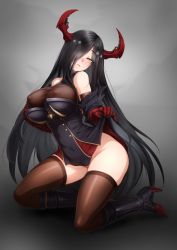 Rule 34 | 1girl, asymmetrical bangs, azur lane, barbariank, bare shoulders, black footwear, black hair, blush, boots, breasts, brown thighhighs, commentary, covered erect nipples, english commentary, eyes visible through hair, friedrich der grosse (azur lane), full body, gauntlets, gradient background, grey background, half-closed eyes, head tilt, high heel boots, high heels, highres, horns, knee boots, kneeling, large breasts, lifted by self, long hair, looking at viewer, no panties, parted lips, simple background, skindentation, smile, solo, thighhighs, thighs, very long hair, yellow eyes
