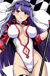 Rule 34 | 1girl, martha (aerial drive) (fate), blue eyes, breasts, checkered flag, cropped jacket, fate/grand order, fate (series), flag, gloves, gluteal fold, hair ribbon, highleg, highleg leotard, horosuke, jacket, large breasts, leotard, long hair, looking at viewer, martha (fate), navel, parted lips, purple hair, race queen, red gloves, red jacket, ribbon, simple background, solo, thighhighs, white background, white leotard, white ribbon