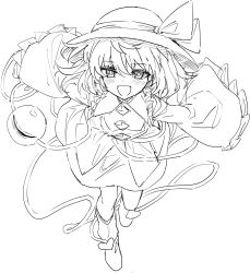 Rule 34 | 1girl, :d, absurdres, blush, bow, fangs, full body, greyscale, hair between eyes, hat, hat bow, highres, komeiji koishi, looking at viewer, manarou, monochrome, open mouth, short hair, simple background, skirt, smile, solo, third eye, touhou, white background, wide sleeves