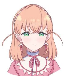 Rule 34 | 1girl, absurdres, aqua eyes, closed mouth, commentary, cropped torso, crossed bangs, dress, earrings, flower earrings, frilled dress, frills, frown, half-closed eyes, highres, hinoshita kaho, jealous, jewelry, link! like! love live!, looking at viewer, love live!, medium hair, neck ribbon, orange hair, pink dress, pink ribbon, reason3 s, reflection in the mirror (love live!), ribbon, simple background, solo, split mouth, two side up, virtual youtuber, white background