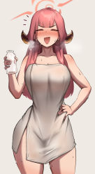 Rule 34 | 1girl, aru (blue archive), blue archive, blush, bottle, breasts, collarbone, cowboy shot, closed eyes, grey background, halo, hand on own hip, highres, holding, holding bottle, horns, large breasts, long hair, milk bottle, naked towel, open mouth, red hair, roresu, simple background, solo, towel