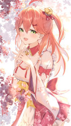 Rule 34 | 1girl, absurdres, ahoge, bell, cherry blossom print, cherry blossoms, commentary request, detached sleeves, floral print, frills, green eyes, hair bell, hair between eyes, hair ornament, hair ribbon, highres, hololive, interlocked fingers, japanese clothes, jingle bell, kimono, komiya latte, long hair, looking at viewer, md5 mismatch, nontraditional miko, one side up, open mouth, paw print, paw print pattern, pink hair, red ribbon, red skirt, resolution mismatch, ribbon, sakura miko, sakura miko (1st costume), skirt, smile, solo, source larger, virtual youtuber, white kimono, white sleeves, wide sleeves, x hair ornament