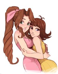 Rule 34 | 2girls, absurdres, aerith gainsborough, blue eyes, bow, braid, braided ponytail, brown hair, commentary, dress, english commentary, final fantasy, final fantasy vii, final fantasy viii, green eyes, highres, hug, in-franchise crossover, multiple girls, pink bow, pink dress, selphie tilmitt, short hair, simple background, skirtzzz, smile, upper body, yellow dress