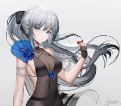 Rule 34 | 1girl, alternate costume, artist name, bare shoulders, black choker, black dress, black gloves, blue eyes, bodystocking, bow, breasts, choker, cleavage, closed mouth, collarbone, covered navel, cup, dress, drinking glass, fate/grand order, fate (series), gloves, grey background, grey hair, hair bow, heatia, highres, holding, holding cup, long hair, looking at viewer, medium breasts, morgan le fay (fate), partially fingerless gloves, ponytail, sidelocks, simple background, smile, solo, upper body, wine glass