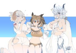 Rule 34 | 3girls, ^^^, afterimage, alternate breast size, alternate costume, bare arms, bare shoulders, bikini, bird tail, black horns, breasts, brown eyes, brown hair, cleavage, dated, drawstring, drooling, ear wiggle, eating, eurasian eagle owl (kemono friends), extra ears, furrowed brow, grey background, grey horns, hair over one eye, hair ribbon, happy, heart, height difference, highres, holding, holding spoon, horns, huge breasts, kemono friends, large breasts, long hair, looking at another, medium hair, motion lines, mouth drool, multicolored hair, multicolored horns, multiple girls, navel, off-shoulder bikini, off shoulder, orange eyes, owl ears, ox ears, ox horns, ribbon, sheep (kemono friends), sheep horns, shorts, sidelocks, signature, skindentation, spoon, stomach, swimsuit, tail, very long hair, white hair, yak (kemono friends), yoshida hideyuki