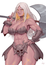 Rule 34 | 1girl, abs, absurdres, arm guards, armor, axe, battle axe, biceps, bikini armor, breasts, cleavage, commentary, commission, dark-skinned female, dark skin, english commentary, green eyes, grey hair, hand on own hip, highres, holding, holding axe, large breasts, lips, long hair, looking at viewer, multicolored hair, muscular, muscular female, navel, orange hair, original, over shoulder, parted bangs, parted lips, pixiv commission, signature, simple background, skull, smile, solo, speedl00ver, spikes, standing, stomach, streaked hair, thick thighs, thighs, v, weapon, weapon over shoulder, white background, yellow eyes
