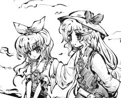 Rule 34 | 2girls, :o, belt, blush, buttons, cage in lunatic runagate, capelet, dress, female focus, greyscale, hair ribbon, hairband, hand on another&#039;s shoulder, hat, long sleeves, monochrome, multiple girls, parted lips, puffy short sleeves, puffy sleeves, ribbon, short sleeves, tokiame, touhou, upper body, watatsuki no toyohime, watatsuki no yorihime
