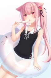 Rule 34 | 1girl, amashiro natsuki, animal ears, bad id, bad pixiv id, breasts, cat ears, commentary request, food, hair between eyes, hair ornament, hair ribbon, highres, holding, innertube, long hair, looking at viewer, one-piece swimsuit, open mouth, original, pink eyes, pink hair, popsicle, ribbon, side ponytail, sidelocks, simple background, slit pupils, small breasts, solo, swim ring, swimsuit, thigh gap