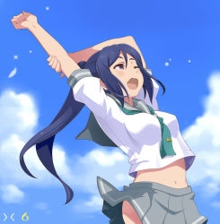 Rule 34 | 10s, 1girl, arms up, blue hair, blush, cloud, day, feathers, long hair, looking up, love live!, love live! sunshine!!, maruto!, matsuura kanan, midriff, navel, one eye closed, open mouth, pleated skirt, ponytail, purple eyes, school uniform, serafuku, skirt, sky, solo, stretching, tears, wavy mouth, yawning