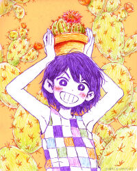Rule 34 | 1boy, armpits, arms up, cactus, colored skin, flower pot, grin, holding, holding flower pot, kel (headspace) (omori), kel (omori), looking at viewer, official art, omocat, omori, parted lips, plant, potted plant, purple eyes, purple hair, short hair, smile, solo, teeth, upper body, white skin