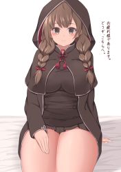 Rule 34 | 1girl, 88942731ne, ahoge, bed sheet, black capelet, black dress, blush, braid, brown eyes, brown hair, capelet, closed mouth, dress, highres, hood, hooded capelet, kantai collection, long hair, long sleeves, resolution mismatch, shinshuu maru (kancolle), simple background, sitting, smile, solo, source smaller, thighs, translation request, twin braids, white background