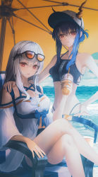 Rule 34 | 2girls, absurdres, arknights, armpits, bare shoulders, beach umbrella, belt, bubble tea, ch&#039;en (arknights), ch'en (arknights), chair, closed mouth, cloud, commentary, crop top, cup, detached sleeves, dress, eyewear on head, female tourist c (arknights), glasses, hand on another&#039;s shoulder, hat, highres, holding, holding cup, long hair, looking at viewer, midriff, multiple girls, navel, official alternate costume, parted lips, ribbon, shaffelli, shorts, sidelocks, sitting, skadi (arknights), skadi (waverider) (arknights), sky, sleeveless, standing, thighs, umbrella, water