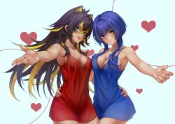Rule 34 | 2girls, :d, arm around waist, armpits, babydoll, bare shoulders, black hair, blonde hair, blue babydoll, blue eyes, blue hair, blush, breasts, candace (genshin impact), cleavage, collarbone, dark-skinned female, dark skin, dehya (genshin impact), genshin impact, hair between eyes, hair ears, heart, heterochromia, highres, ianzky, lingerie, long hair, looking at viewer, medium breasts, multicolored hair, multiple girls, open mouth, outstretched arms, red babydoll, short hair with long locks, smile, two-tone hair, underwear, yellow eyes