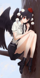 Rule 34 | absurdres, bird wings, black footwear, black hair, black ribbon, black skirt, black wings, boots, breasts, camera, collared shirt, feathered wings, hat, highres, holding, holding pen, m4 gun, medium breasts, miniskirt, nib pen (object), pen, pleated skirt, pointy ears, pom pom (clothes), red eyes, red hat, ribbon, shameimaru aya, shirt, short hair, short sleeves, sitting, skirt, smile, solo, thighs, tokin hat, touhou, white shirt, wings