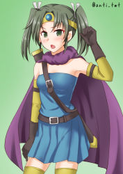 Rule 34 | 1girl, anti (untea9), armpits, black gloves, blue dress, cape, circlet, commentary request, cosplay, dragon quest, dragon quest iii, dress, elbow gloves, gloves, gradient background, green background, green eyes, green hair, hair ribbon, highres, kantai collection, long hair, open mouth, purple cape, ribbon, roto (cosplay), roto (dq3), solo, strapless, strapless dress, thighhighs, twintails, twitter username, white ribbon, yellow thighhighs, zuikaku (kancolle)