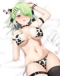 Rule 34 | 1girl, :o, absurdres, alternate costume, animal ears, animal print, antlers, arm strap, bikini, black choker, black nails, black thighhighs, bottle, branch, breasts, ceres fauna, chain, choker, cow ears, cow print, cow print bikini, ear piercing, earrings, green hair, grey hair, highres, hololive, hololive english, horns, jewelry, large breasts, leaf, looking at viewer, lying, milk bottle, multicolored hair, nail polish, namiorii, navel, on back, piercing, print bikini, single thighhigh, skindentation, solo, stomach, swimsuit, thigh strap, thighhighs, two-tone hair, virtual youtuber, yellow eyes
