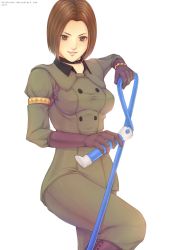 Rule 34 | 1girl, boots, bracelet, breasts, brown hair, choker, commentary, gloves, highres, jewelry, ktovhinao, military, military uniform, short hair, snk, solo, the king of fighters, the king of fighters xiv, uniform, weapon, whip, whip (kof)