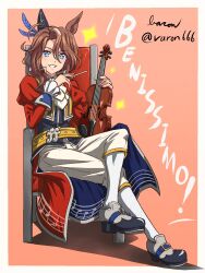 Rule 34 | 1girl, animal ears, ascot, baron (varon666), belt, black shirt, blue eyes, brown hair, chair, coat, crossed legs, full body, grey footwear, highres, holding, holding instrument, holding screwdriver, holding violin, horse ears, instrument, italian text, kneehighs, long sleeves, looking at viewer, medium hair, open mouth, pants, red coat, screwdriver, shadow, shirt, shoes, signature, sitting, smile, socks, solo, sounds of earth (umamusume), sparkle, twitter username, umamusume, violin, white ascot, white pants, white socks