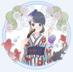 Rule 34 | 1girl, bag, bagged fish, blue eyes, blue hair, blue kimono, blue sash, bubble, camellia print, circle, fish, floral print, flower, food, food request, goldfish, holding, holding bag, holding food, japanese clothes, kimono, leaf, licking lips, light blue background, lily pad, looking at viewer, mask, mask on head, multicolored clothes, multicolored kimono, obi, obijime, object request, original, pink flower, plastic bag, round image, sash, sleeves past elbows, solo, split mouth, striped clothes, striped kimono, tongue, tongue out, transparent bag, water lily flower, white flower, white kimono, wide sleeves, yuum1709