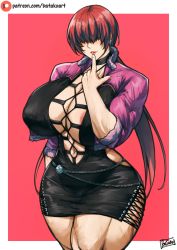 Rule 34 | 1girl, areola slip, batako (batakoart), breasts, cleavage, cleavage cutout, clothing cutout, collarbone, cropped jacket, curvy, hair over eyes, highres, huge breasts, long hair, looking at viewer, mature female, muscular, muscular female, navel, no bra, plump, shermie (kof), snk, solo, split ponytail, the king of fighters, the king of fighters xv, thighs