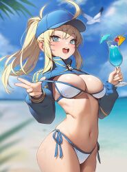 Rule 34 | 1girl, ahoge, areola slip, artoria pendragon (fate), baseball cap, bikini, blonde hair, blurry, blurry background, blush, breasts, cleavage, cup, fate/grand order, fate (series), hat, holding, holding cup, large breasts, looking at viewer, mysterious heroine x (fate), mysterious heroine xx (fate), nasaca, navel, outdoors, ponytail, shrug (clothing), side-tie bikini bottom, sidelocks, smile, solo, stomach, swimsuit, white bikini