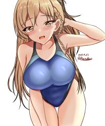 Rule 34 | 1girl, black one-piece swimsuit, blonde hair, blue one-piece swimsuit, blush, braid, breasts, brown eyes, competition swimsuit, covered navel, dated, french braid, hair between eyes, highres, impossible clothes, impossible swimsuit, kantai collection, large breasts, long hair, looking at viewer, montemasa, multicolored clothes, multicolored swimsuit, one-hour drawing challenge, one-piece swimsuit, open mouth, simple background, smile, solo, swimsuit, twitter username, two-tone swimsuit, wavy hair, white background, zara (kancolle)