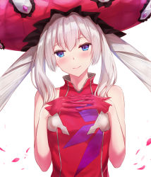 Rule 34 | 1girl, bare arms, bare shoulders, blue eyes, blush, closed mouth, dress, fate/grand order, fate (series), frilled hat, frills, gloves, hat, highres, long hair, looking at viewer, marie antoinette (fate), own hands together, petals, pink dress, pink gloves, pink hat, sakaokasan, silver hair, simple background, sleeveless, sleeveless dress, smile, solo, twintails, upper body, very long hair, white background