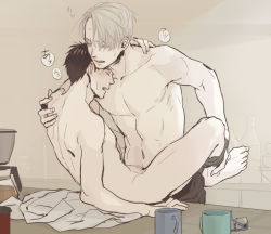 Rule 34 | 10s, 2boys, abs, anal, blush, clothed sex, clothes, counter, cup, feet, glasses, holding legs, katsuki yuuri, kitchen, legs apart, male focus, male penetrated, mug, multiple boys, nude, sex, shirt, size difference, sweat, table, text focus, topless male, viktor nikiforov, wince, yaoi, yuri!!! on ice