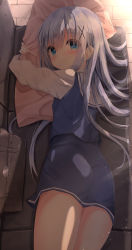 Rule 34 | 1girl, ass, bag, blue eyes, blue hair, blue skirt, blue vest, blush, breasts, briefcase, cleavage, closed mouth, commentary request, couch, cowboy shot, from above, gochuumon wa usagi desu ka?, hair between eyes, hair ornament, hairclip, highres, hugging object, indoors, kafuu chino, kafuu chino&#039;s school uniform, kouda suzu, long hair, long sleeves, looking at viewer, looking back, on couch, pillow, pillow hug, sailor collar, school briefcase, school uniform, shirt, sidelocks, skirt, smile, solo, sunlight, thighs, very long hair, vest, white sailor collar, white shirt, wooden floor, x hair ornament