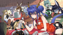 Rule 34 | amiya (arknights), anger vein, animal ears, apron, arknights, bead bracelet, beads, beer can, black hair, blaze (arknights), blonde hair, blue hair, bracelet, brown hair, can, cat ears, ch&#039;en (ageless afterglow) (arknights), ch&#039;en (arknights), china dress, chinese clothes, chinese new year, chopsticks, double bun, dragon horns, dragon tail, dress, drink can, frostnova (arknights), green hair, grin, hair bun, highres, horns, jewelry, kal&#039;tsit (arknights), leizi (arknights), long hair, nian (arknights), official alternate costume, originium (arknights), rabbit ears, shorts under dress, sitting, smile, srpzk, swire (arknights), tail, thumbs up, twitter username, white hair