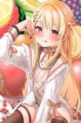 Rule 34 | 1girl, absurdres, ahoge, apple, blonde hair, brown thighhighs, cherry, food, fortissimo, fruit, grapes, hair ornament, highres, hololive, hololive dev is, jacket, kiwi (fruit), kiwi slice, licking lips, long hair, musical note, musical note hair ornament, otonose kanade, red eyes, thighhighs, thighs, tongue, tongue out, uzuraa, virtual youtuber, watermelon, white jacket, zettai ryouiki