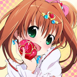 Rule 34 | 1girl, :d, artificial vagina, blush, brown hair, circlet, earrings, egg, gold trim, green eyes, harepore, heart, heart earrings, jewelpet (series), jewelpet twinkle, jewelry, looking at viewer, necklace, open mouth, sakura akari, sex toy, smile, solo, tenga, what