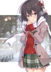 Rule 34 | 10s, 1girl, black hair, blush, brown eyes, brown jacket, casual, cowboy shot, green skirt, hair between eyes, hair ornament, jacket, kantai collection, long sleeves, looking at viewer, open clothes, open jacket, open mouth, own hands clasped, own hands together, plaid, plaid skirt, ribbed sweater, scarf, sendai (kancolle), sendai kai ni (kancolle), shadow, short hair, simple background, skirt, solo, standing, sweater, takanashi haruto, white scarf, winter clothes