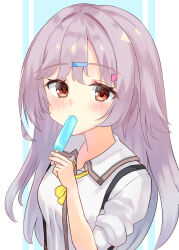 Rule 34 | 1girl, absurdres, blue background, blush, bow, collared shirt, colored eyelashes, commentary, eyelashes, food, food in mouth, grey hair, gyaru, hair between eyes, hair intakes, hair ornament, hairclip, hand up, highres, holding, holding food, holding popsicle, kinoshita kaede, long hair, looking at viewer, misori mania, popsicle, popsicle in mouth, red eyes, school uniform, shirt, simple background, sleeves rolled up, solo, tenshi souzou re-boot!, tsurime, two-tone background, upper body, very long hair, white background, white shirt, yellow bow