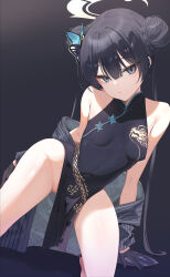 1girl absurdres bare_shoulders black_dress black_gloves black_hair blue_archive braid braided_bun breasts butterfly_hair_ornament china_dress chinese_clothes commentary covered_erect_nipples covered_navel double_bun dragon_print dress gloves grey_background grey_eyes grey_halo hair_bun hair_ornament halo highres jacket kakumayu kisaki_(blue_archive) kneeling long_hair no_panties open_clothes open_jacket pelvic_curtain pinstripe_jacket pinstripe_pattern print_dress pussy pussy_peek simple_background sleeveless sleeveless_dress small_breasts solo striped_clothes striped_jacket twintails two-sided_fabric vertical-striped_clothes vertical-striped_jacket