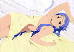 Rule 34 | 00s, 1girl, absurdres, armpits, blue hair, blunt bangs, censored, collarbone, completely nude, convenient censoring, flat chest, hair censor, hair over breasts, highres, kannagi, long hair, lying, nagi, naked towel, no bra, no panties, nude, off shoulder, official art, on back, purple eyes, solo, thighs, topless, towel