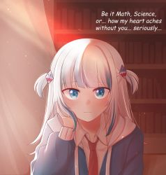 Rule 34 | 1girl, blouse, blue eyes, blue hair, blue hoodie, bookshelf, commentary, english commentary, english text, expressionless, gawr gura, grey hair, hair ornament, head rest, highres, hololive, hololive english, hood, hoodie, library, long hair, looking at viewer, mittsu, multicolored hair, necktie, red necktie, shark hair ornament, shirt, solo, streaked hair, virtual youtuber, white shirt