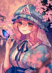 Rule 34 | 1girl, absurdres, ainy (style), black bow, black bowtie, blue hat, blue kimono, blurry, blush, bow, bowtie, breasts, bug, butterfly, butterfly on hand, cherry blossoms, depth of field, hair between eyes, hat, highres, huge filesize, insect, japanese clothes, kimono, large breasts, mob cap, outdoors, pink eyes, pink hair, qiu ju, saigyouji yuyuko, smile, solo, touhou, triangular headpiece, upper body